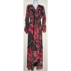 Maternity Dress Blouson Sleeve Maxi Wrap Tie Waist Black Red Floral SIZE 12